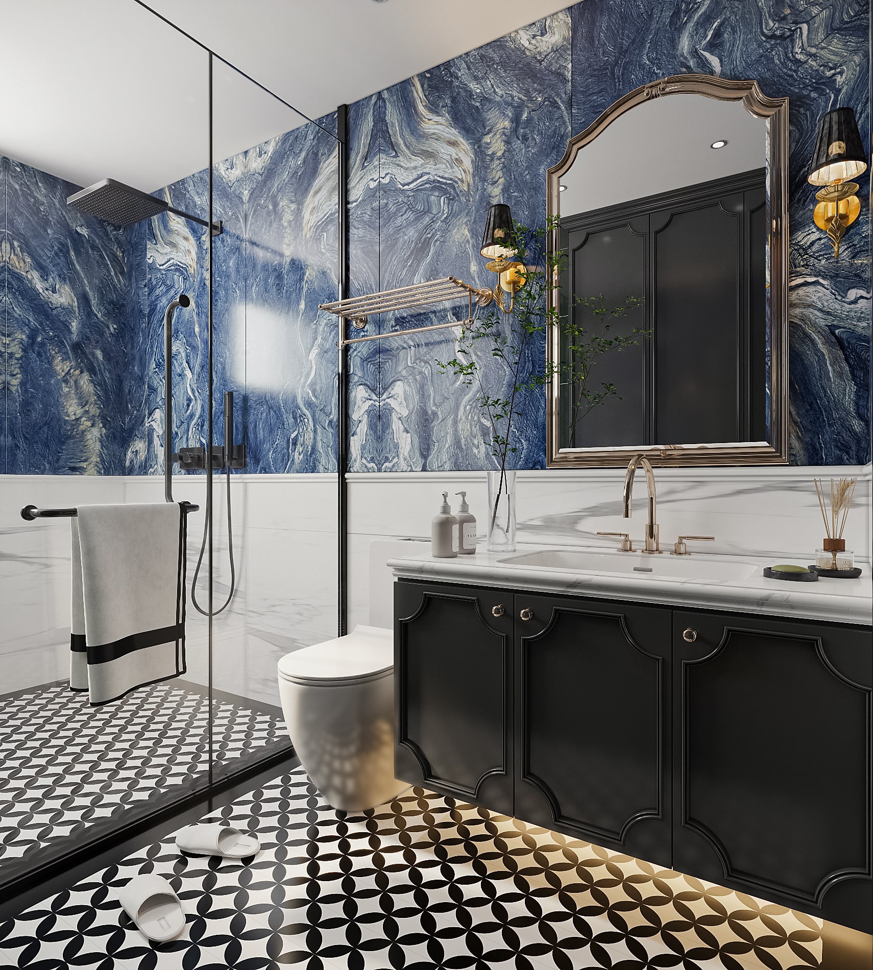 Hình ảnh mẫu gạch Statuario Natural với họa tiết Terrazzo được sử dụng cho không gian phòng tắm hiện đại